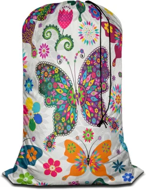 Swono Butterfly Drawstring Laundry Bag Seamless Spring White Floral Purple Green Oversize Storage/Travel Bag for Home or Home - Measures 28 x 40 Inch, Oxford Cloth, Colorful Animal