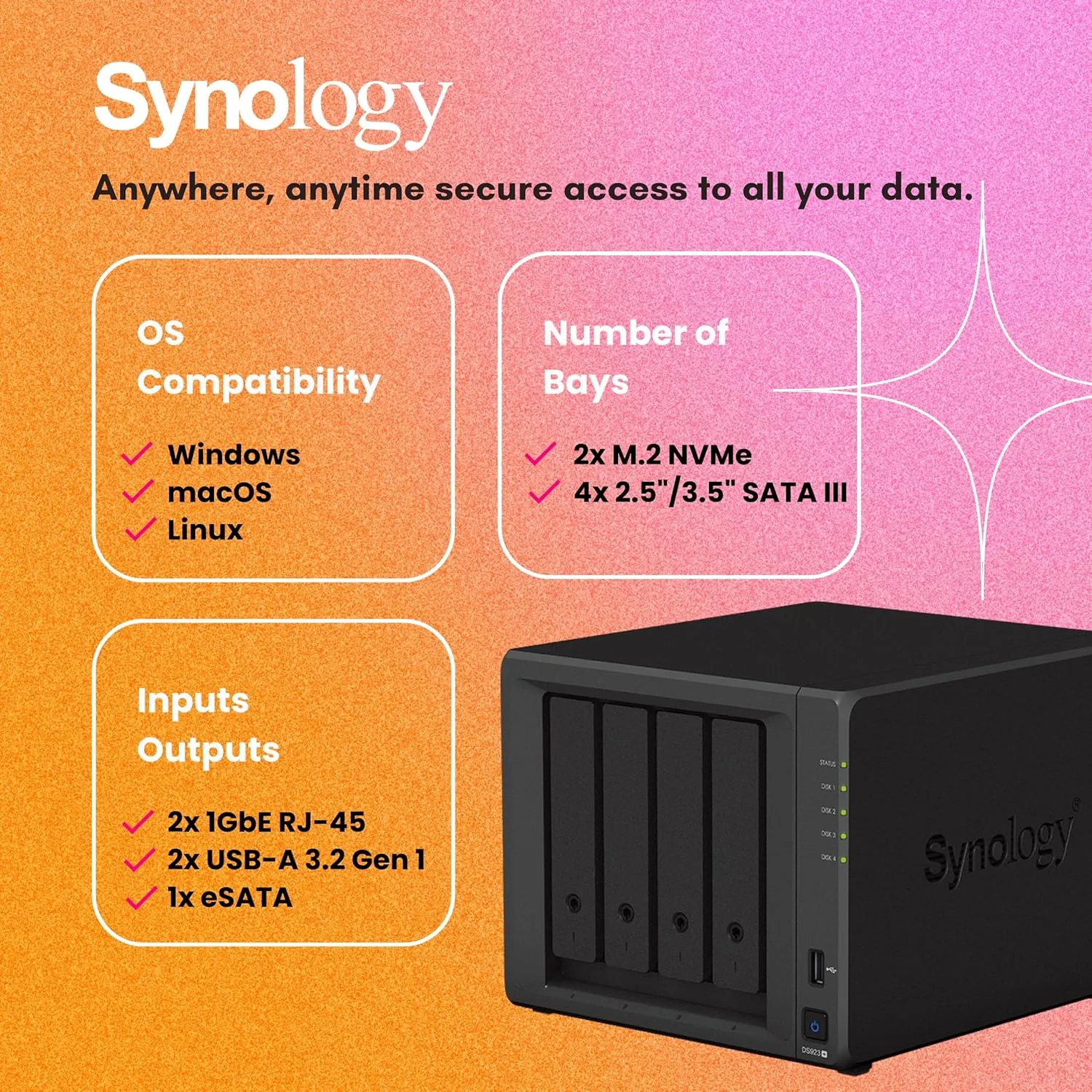 Synology DiskStation DS923  4-Bay NAS Enclosure Server, Network Attached Storage, AMD Ryzen R1600(2 Core, up to 3.1 GHz), Data Management Solution 7, Black(16GB DDR4 RAM | No HDD,SSD)
