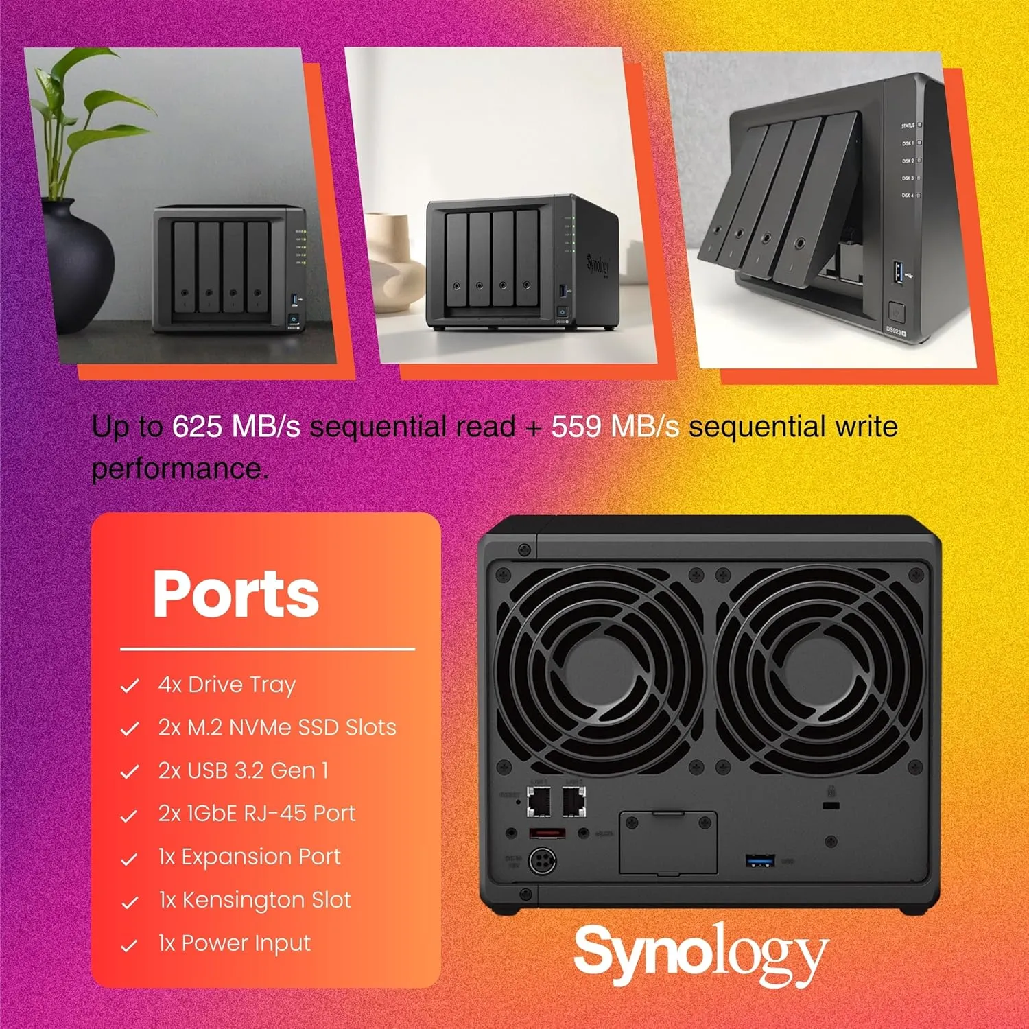 Synology DiskStation DS923  4-Bay NAS Enclosure Server, Network Attached Storage, AMD Ryzen R1600(2 Core, up to 3.1 GHz), Data Management Solution 7, Black(16GB DDR4 RAM | No HDD,SSD)