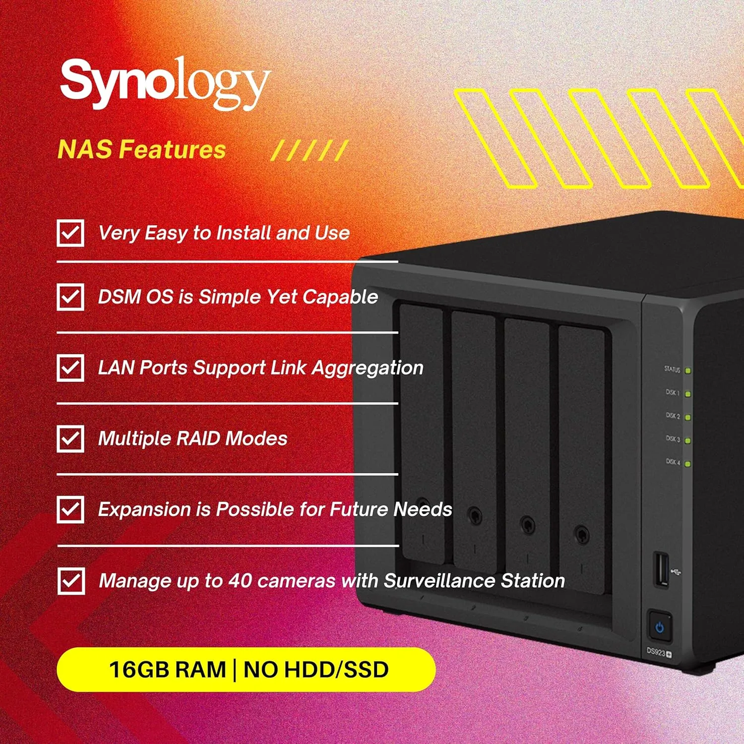 Synology DiskStation DS923  4-Bay NAS Enclosure Server, Network Attached Storage, AMD Ryzen R1600(2 Core, up to 3.1 GHz), Data Management Solution 7, Black(16GB DDR4 RAM | No HDD,SSD)