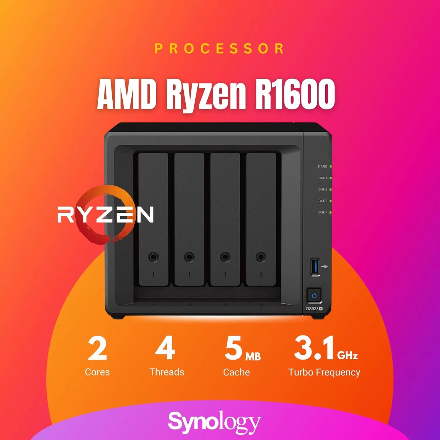 Synology DiskStation DS923  4-Bay NAS Enclosure Server, Network Attached Storage, AMD Ryzen R1600(2 Core, up to 3.1 GHz), Data Management Solution 7, Black(16GB DDR4 RAM | No HDD,SSD)