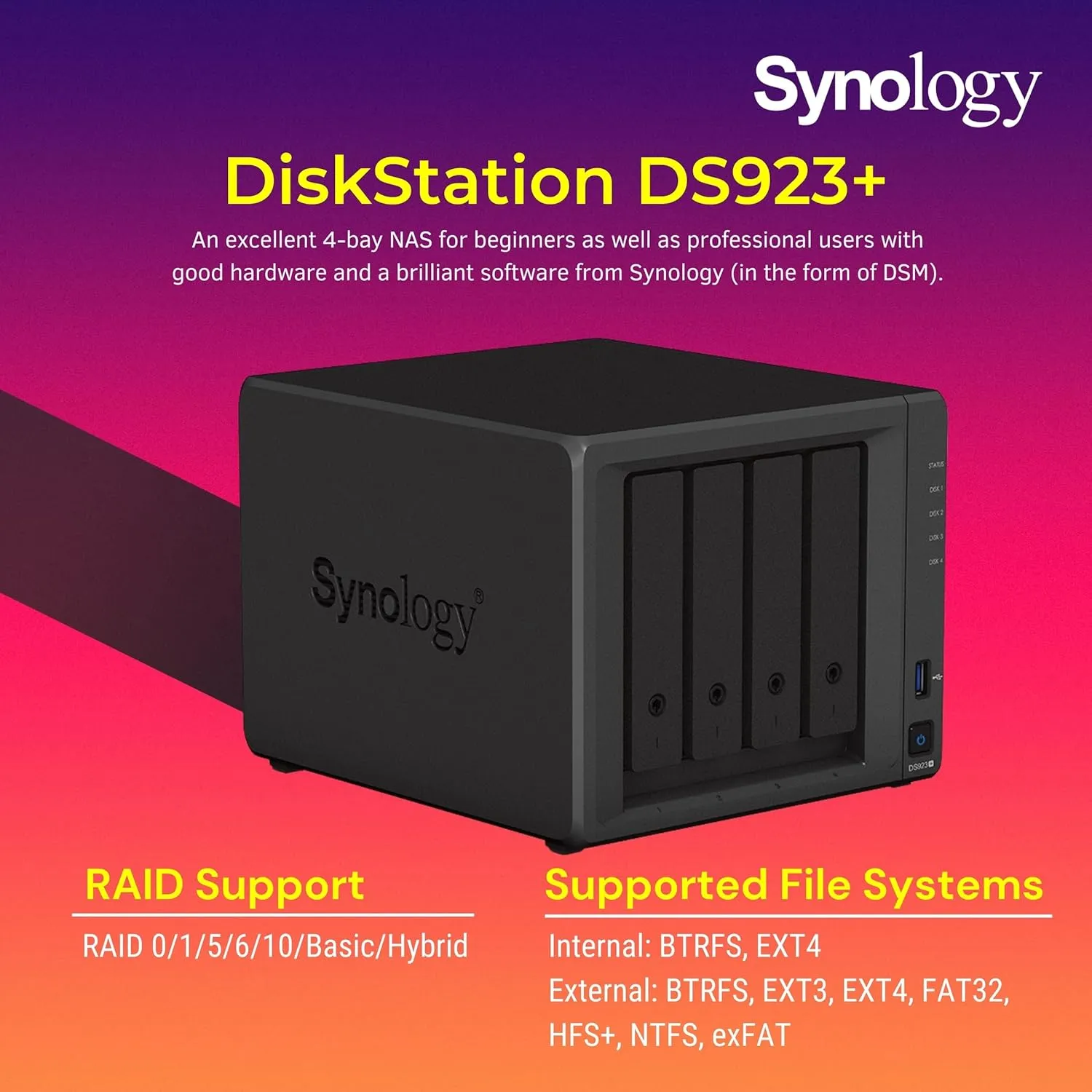 Synology DiskStation DS923  4-Bay NAS Enclosure Server, Network Attached Storage, AMD Ryzen R1600(2 Core, up to 3.1 GHz), Data Management Solution 7, Black(16GB DDR4 RAM | No HDD,SSD)