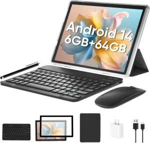 Tablet 10 inch, Android 14 Tablet with Keyboard, 6GB 64GB 1TB Expand, 2.4G/5G WiFi, 6000mAh Battery, BT 5.0, GMS Certified, 1280x800 IPS Touch Screen, Dual Camera, with Case, Mouse, Stylus (Gray)