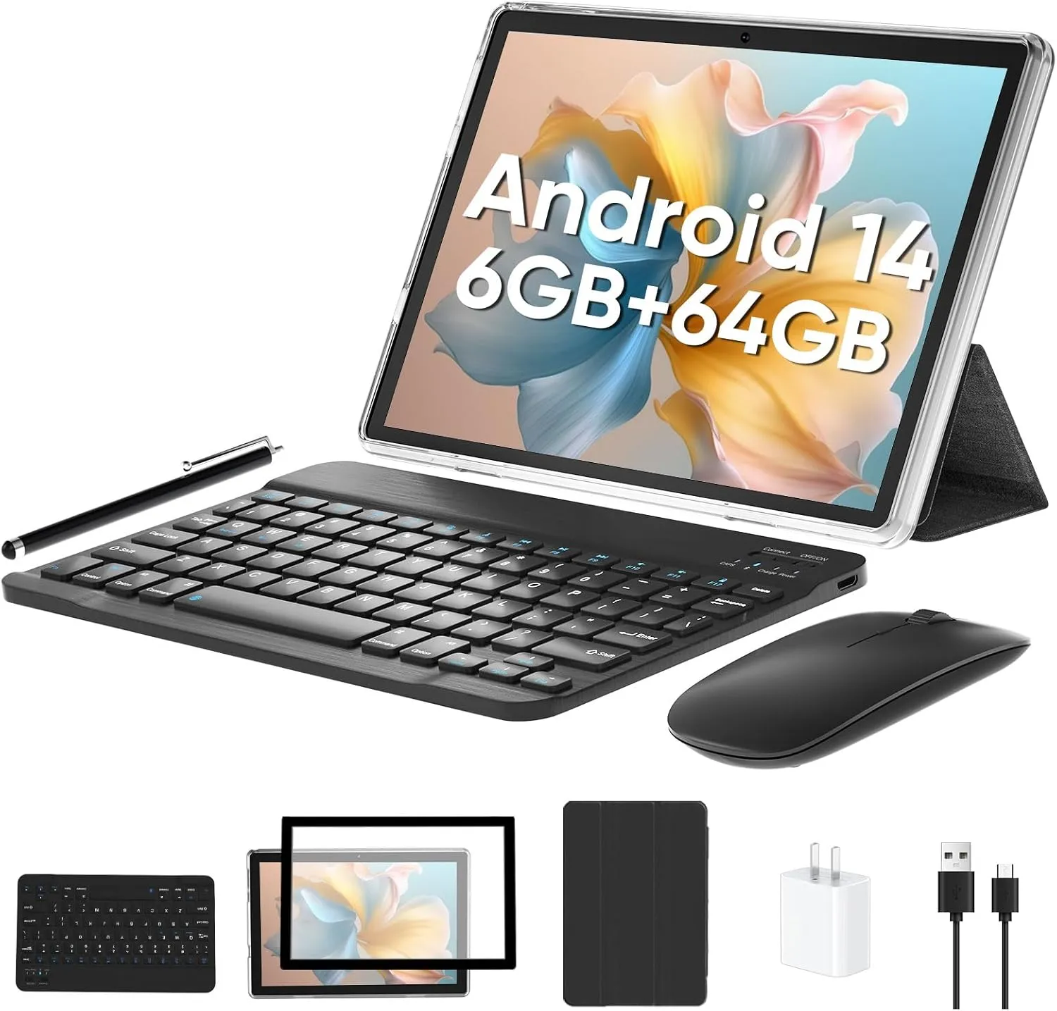Tablet 10 inch, Android 14 Tablet with Keyboard, 6GB 64GB 1TB Expand, 2.4G/5G WiFi, 6000mAh Battery, BT 5.0, GMS Certified, 1280x800 IPS Touch Screen, Dual Camera, with Case, Mouse, Stylus (Gray)