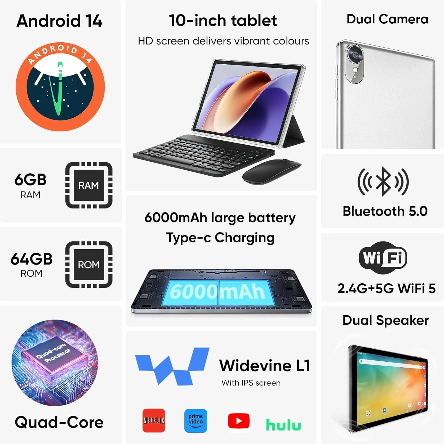 Tablet 10 inch, Android 14 Tablet with Keyboard, 6GB 64GB 1TB Expand, 2.4G/5G WiFi, 6000mAh Battery, BT 5.0, GMS Certified, 1280x800 IPS Touch Screen, Dual Camera, with Case, Mouse, Stylus (Gray)