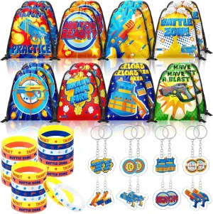 Talltalk 48 Pcs Dart Battle Gun Party Favors Bulk with 16 Dart Battle Party Drawstring Bags Dart Gun Goodie Bags Gift Bags 16 Gun Wristband 16 Gun Keychain for Gun Birthday Party Supplies Decorations