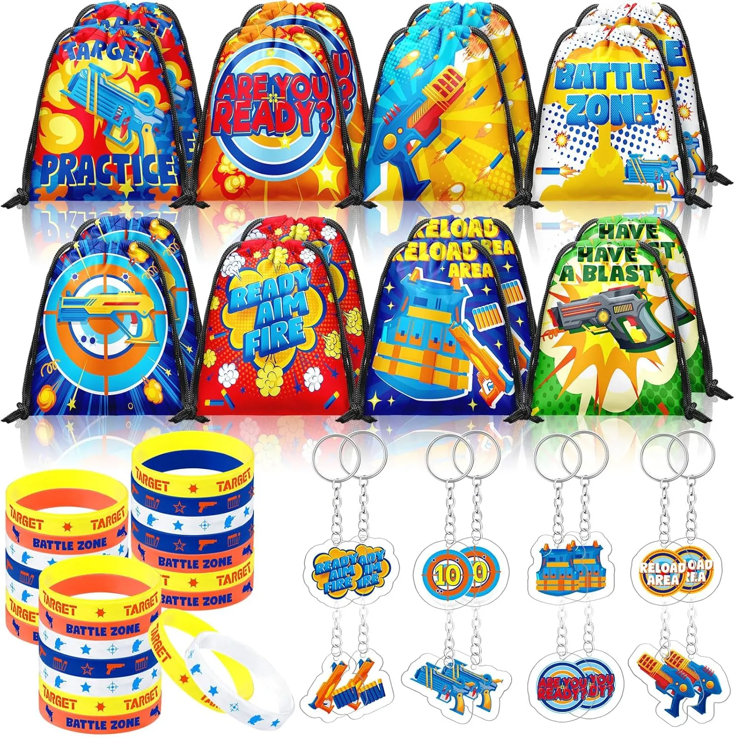 Talltalk 48 Pcs Dart Battle Gun Party Favors Bulk with 16 Dart Battle Party Drawstring Bags Dart Gun Goodie Bags Gift Bags 16 Gun Wristband 16 Gun Keychain for Gun Birthday Party Supplies Decorations