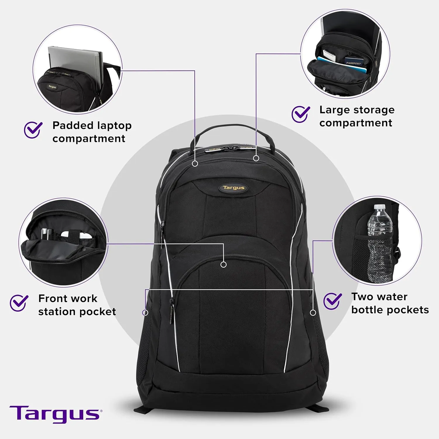 Targus - 16” Motor Laptop Backpack - Durable Water Resistant Material - Pack for Business, Travel, Professional Commute - Back Padding Support, Black - TSB194US