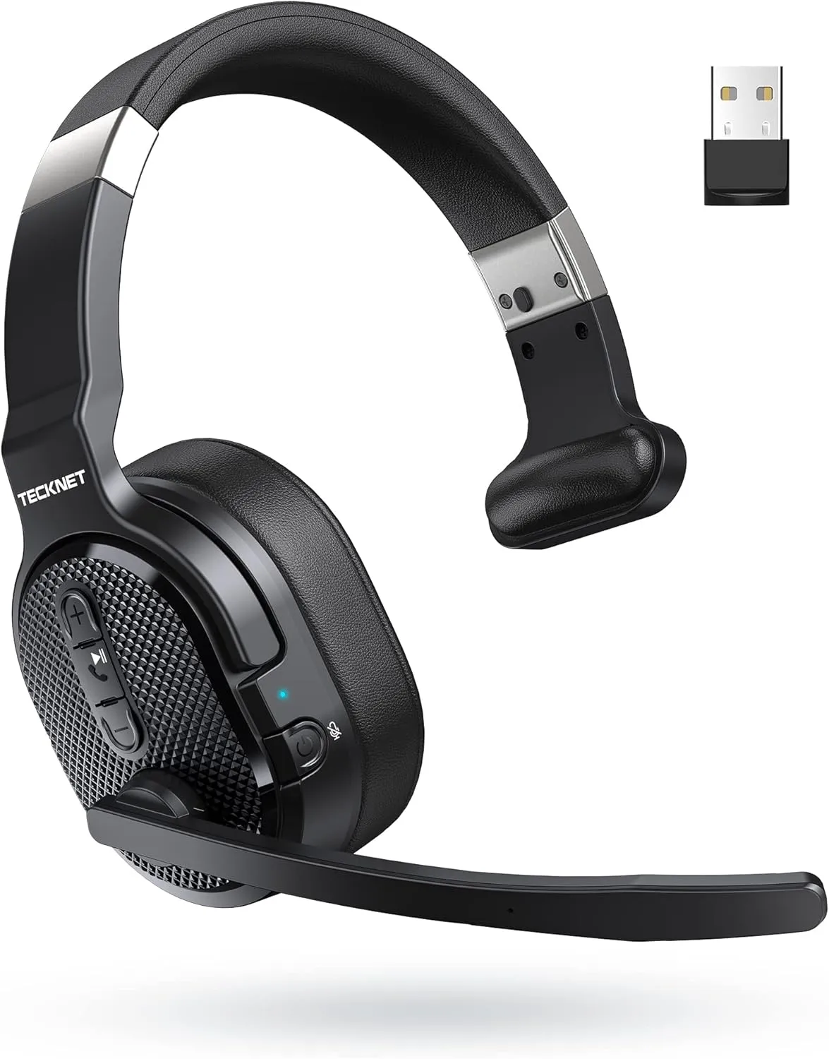 TECKNET Trucker Bluetooth Headset, AI Noise Canceling 70h Wireless Headphones Bluetooth with Microphone & Dongle, ENC Headset with Mute for PC Phone Laptop Office Home, All Day Comfort