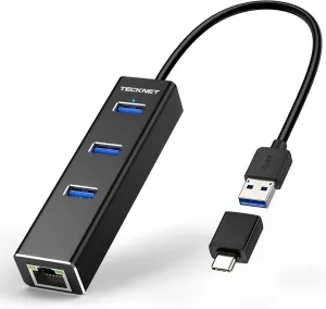 TECKNET USB C to Ethernet, Aluminum 3 Port USB 3.0 Hub with RJ45 10/100/1000 Gigabit Ethernet Adapter Converter LAN Wired Network Adapter for Laptop