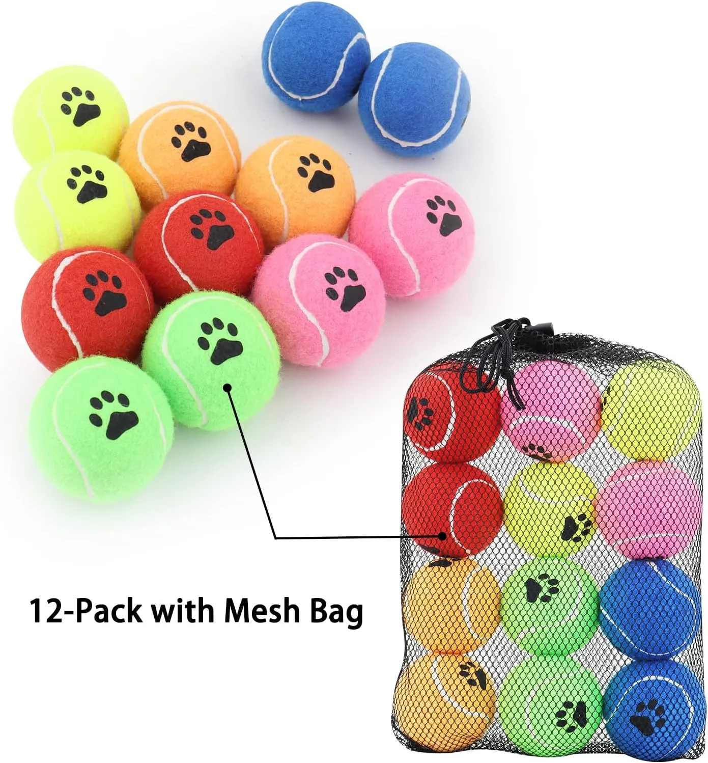 Tennis Balls for Dogs Pack of 12 Colorful Easy Catching Pet Toy Ball (No Squeak-2.5inch-6colors)