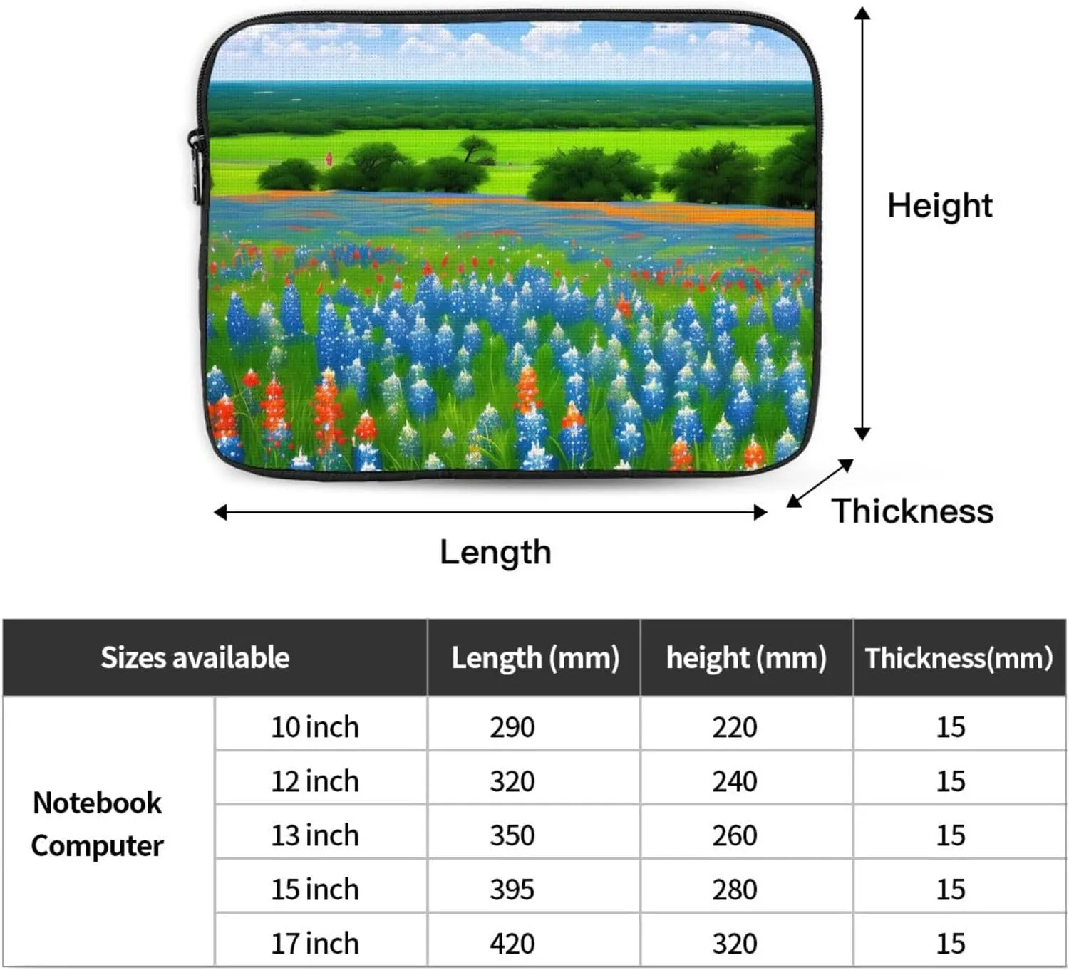Texas Bluebonnets Scenery Pattern Shockproof Portable Laptop 17 inch Sleeve Bag for Men and Women - Ideal for Business Travel, School, and Daily Use