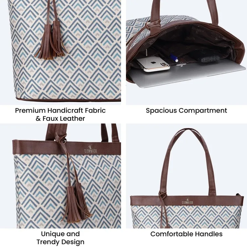 THE CLOWNFISH Casey series 15.6 inch Laptop Bag For Women Printed Handicraft Fabric & Faux Leather Office Bag Briefcase Hand Messenger bag Tote Business Bag (White)