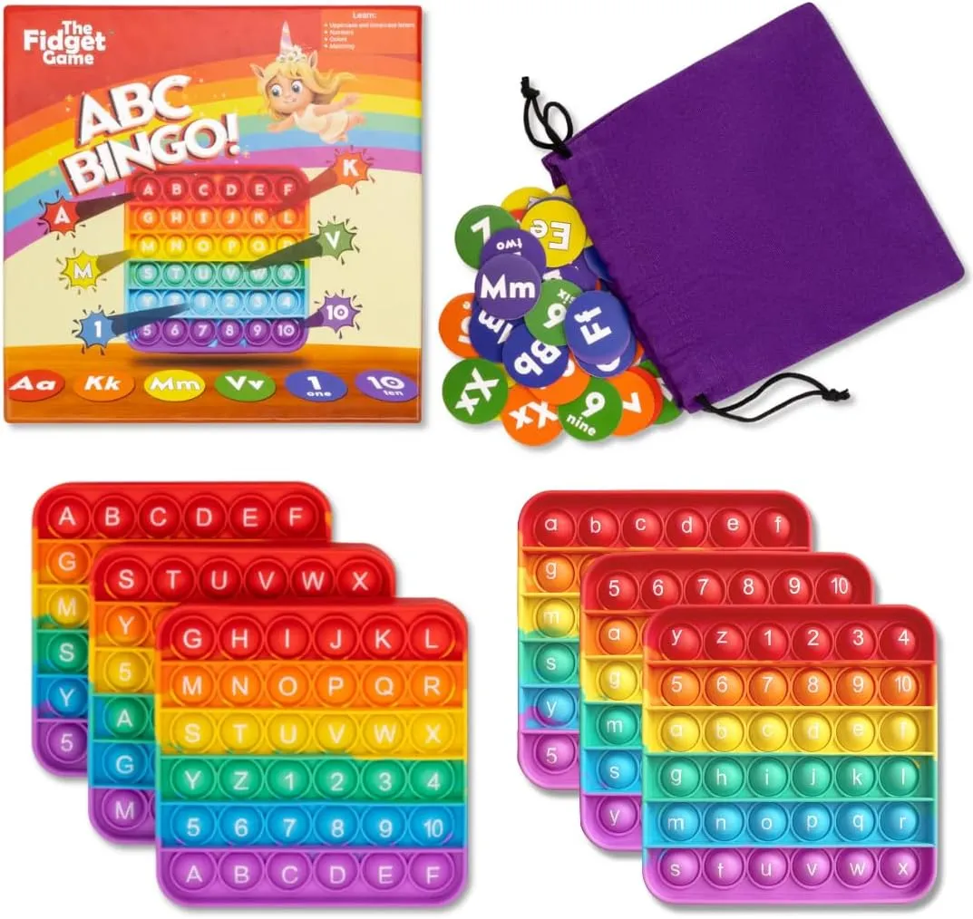 The Fidget Game ABC Bingo, Games for Kids - Six Educational Alphabet Bingo Popping Mats for Preschool, Toddlers, Kindergarten - Learning Activities for 2-6 Players 3  Years