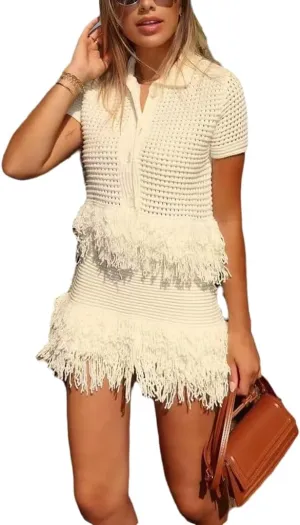 THLAI Women Crochet 2 Piece Skirt Sets Knitted Short Sleeve Tassel Shirt Top and Tassel Mini Skirt Summer Vacation Outfits