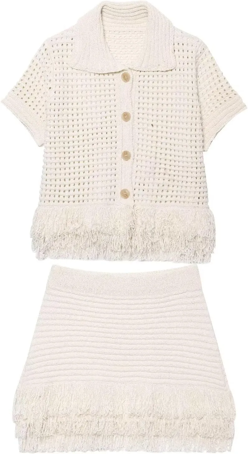 THLAI Women Crochet 2 Piece Skirt Sets Knitted Short Sleeve Tassel Shirt Top and Tassel Mini Skirt Summer Vacation Outfits