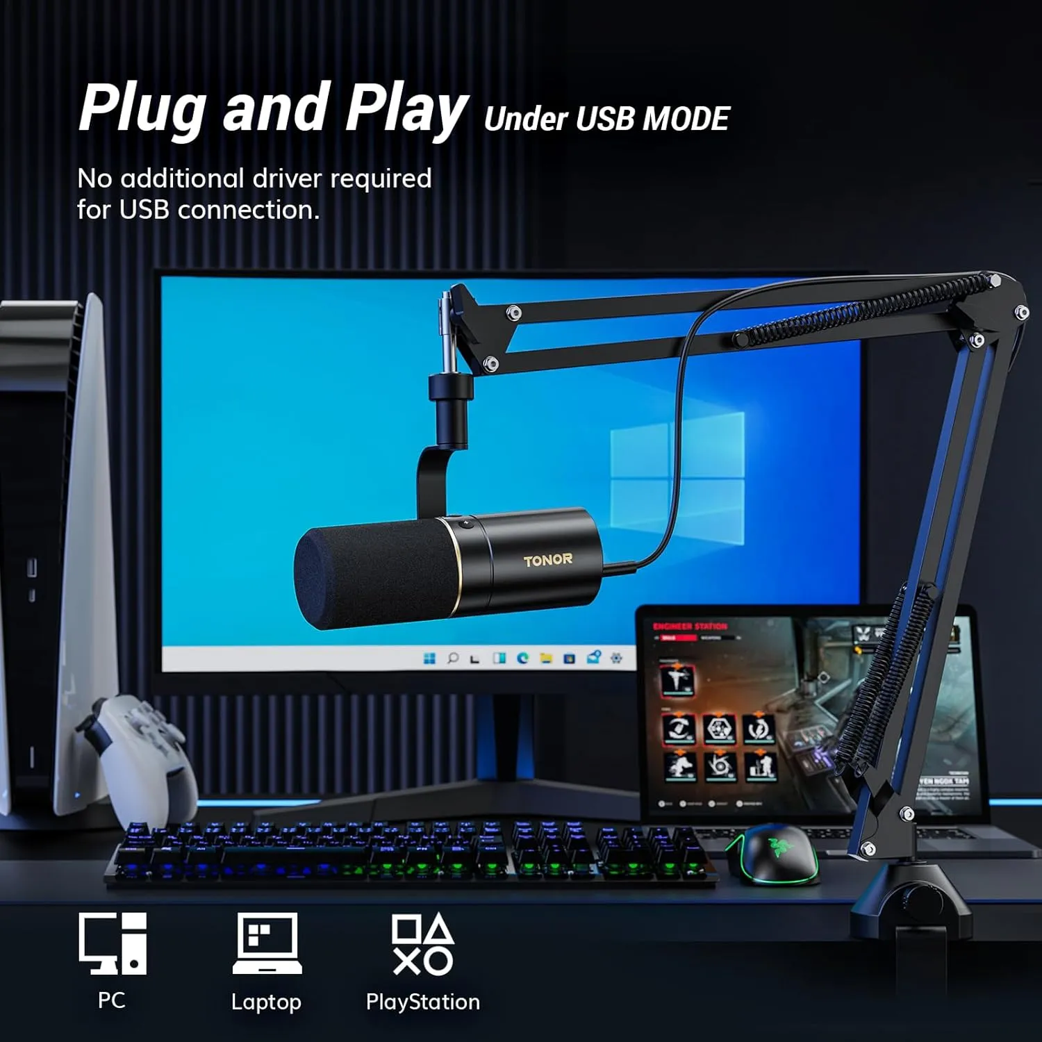 TONOR Dynamic Microphone, XLR/USB Microphone for Podcast, Recording, Streaming, Gaming, XLR Cardioid Studio Mic with Quick Mute, 3.5mm Headphone Jack, Volume Control, Mic with Boom Arm, White, TD510 