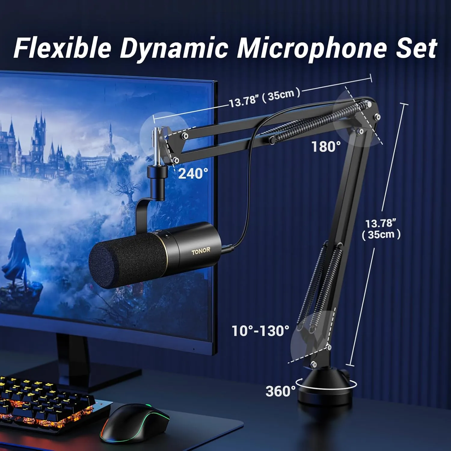 TONOR Dynamic Microphone, XLR/USB Microphone for Podcast, Recording, Streaming, Gaming, XLR Cardioid Studio Mic with Quick Mute, 3.5mm Headphone Jack, Volume Control, Mic with Boom Arm, White, TD510 