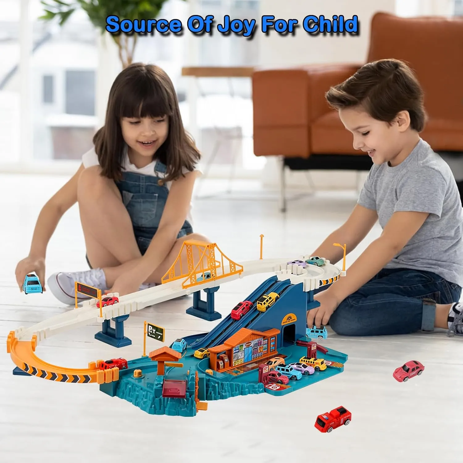 Toy Car Ramp Track, Climbing Hills Railcar Colorful Vehicles Construction Play Set with 12 Mini Racer Cars for Kids 3 (City)