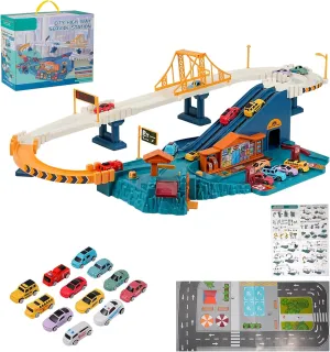 Toy Car Ramp Track, Climbing Hills Railcar Colorful Vehicles Construction Play Set with 12 Mini Racer Cars for Kids 3 (City)