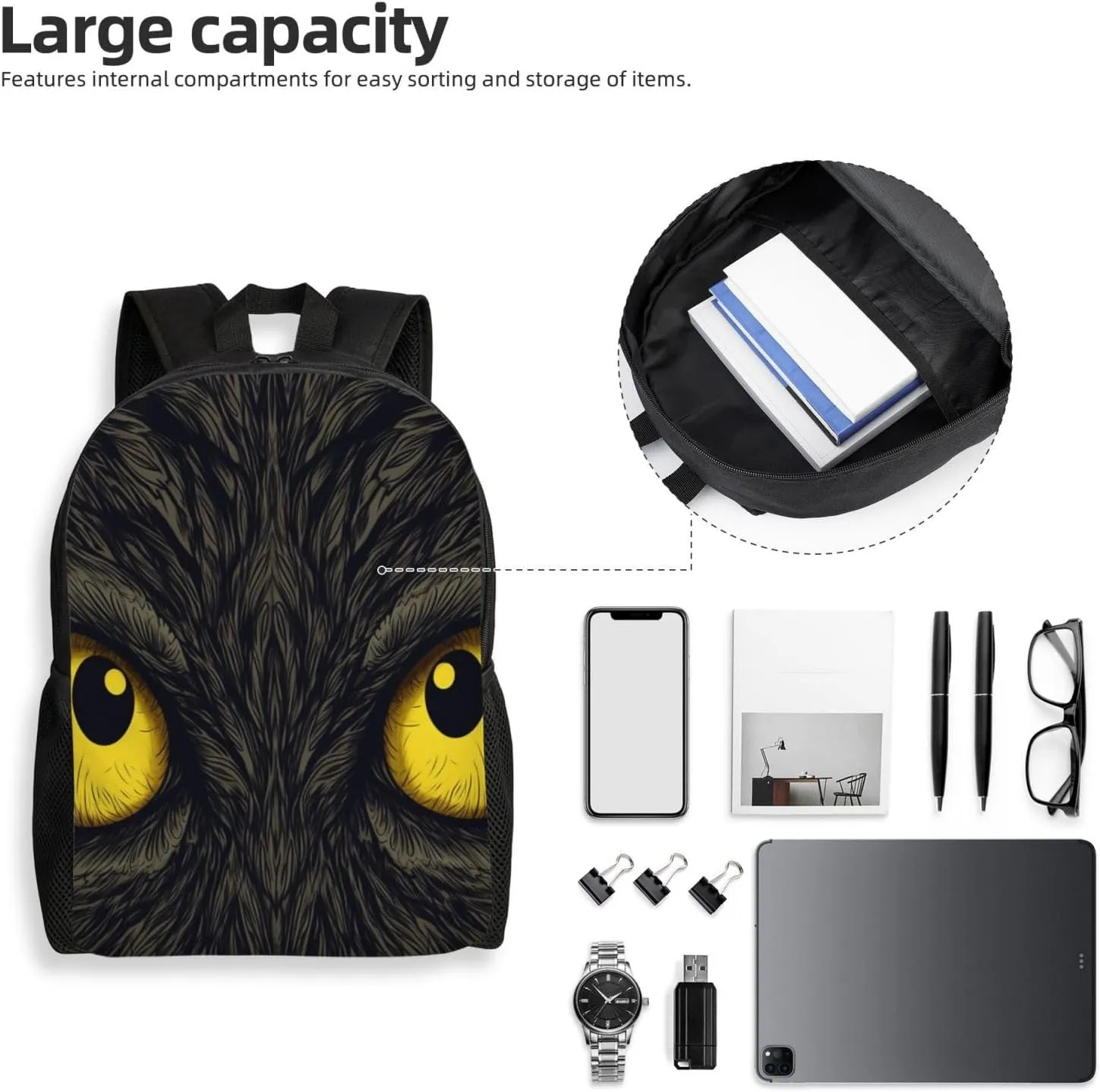 Travel Backpack for Women Men Carry On Backpack Waterproof 15.6inch Laptop Backpack Two yellow eyes