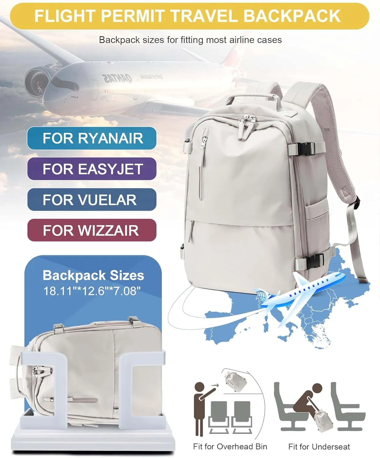 Travel Backpack for Women Men, Waterproof Carry on Backpack for Flight Approved Personal Item Bag, Business Laptop Backpack with USB Charging for Hiking Gym with Shoe Compartment Casual Daypack White