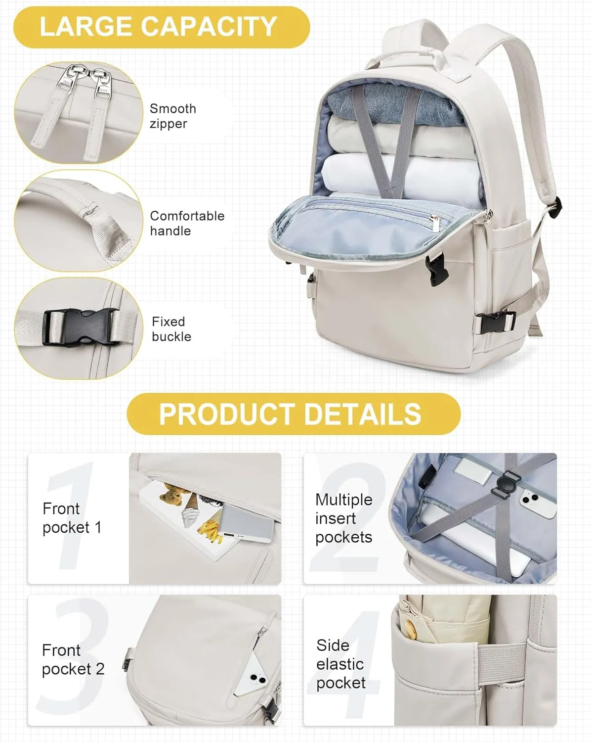 Travel Backpack for Women Men, Waterproof Carry on Backpack for Flight Approved Personal Item Bag, Business Laptop Backpack with USB Charging for Hiking Gym with Shoe Compartment Casual Daypack White