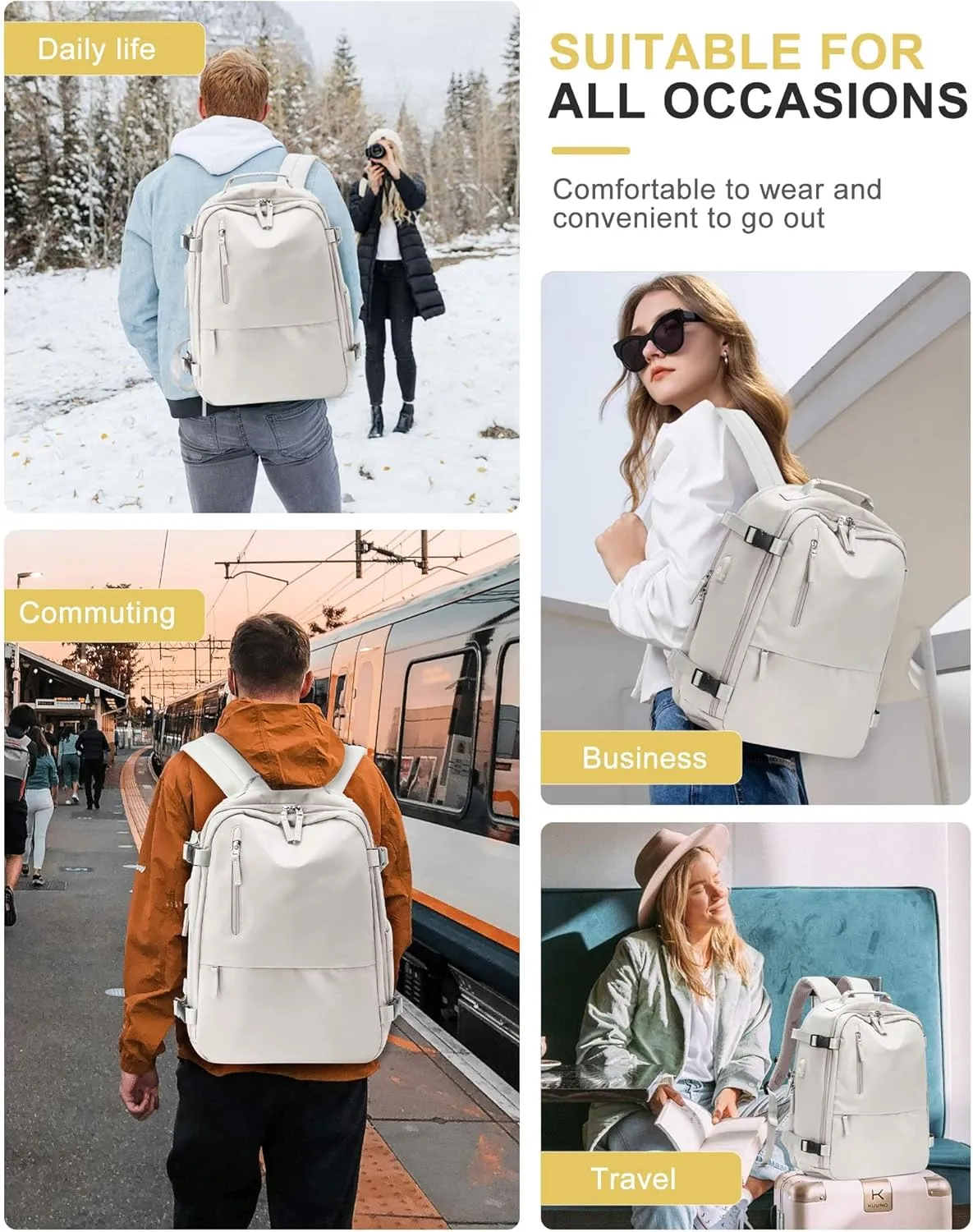Travel Backpack for Women Men, Waterproof Carry on Backpack for Flight Approved Personal Item Bag, Business Laptop Backpack with USB Charging for Hiking Gym with Shoe Compartment Casual Daypack White