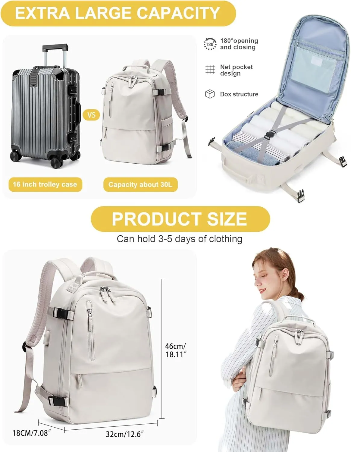 Travel Backpack for Women Men, Waterproof Carry on Backpack for Flight Approved Personal Item Bag, Business Laptop Backpack with USB Charging for Hiking Gym with Shoe Compartment Casual Daypack White