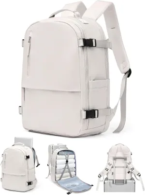 Travel Backpack for Women Men, Waterproof Carry on Backpack for Flight Approved Personal Item Bag, Business Laptop Backpack with USB Charging for Hiking Gym with Shoe Compartment Casual Daypack White