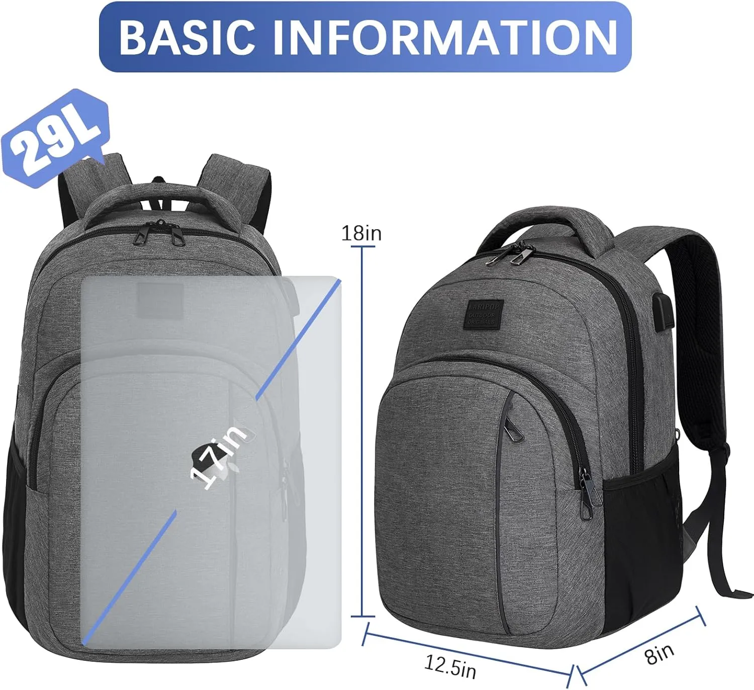 Travel Laptop Backpack,15.6 Inch Business Laptop backpack for Men Women with USB Charging Port,Water-Resistant Laptopack Weekender Daypack for Work College Computer