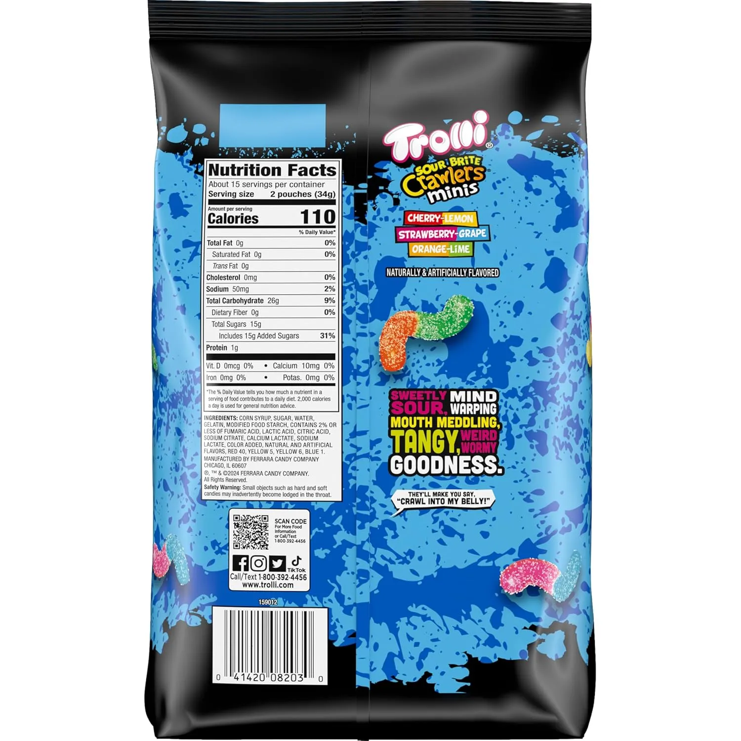 Trolli Mini Sour Brite Crawlers, Candy, Cherry-Lemon, Strawberry-Grape & Orange-Lime, Sweet and Sour, Gummy Worms, 18 oz (30 ct)