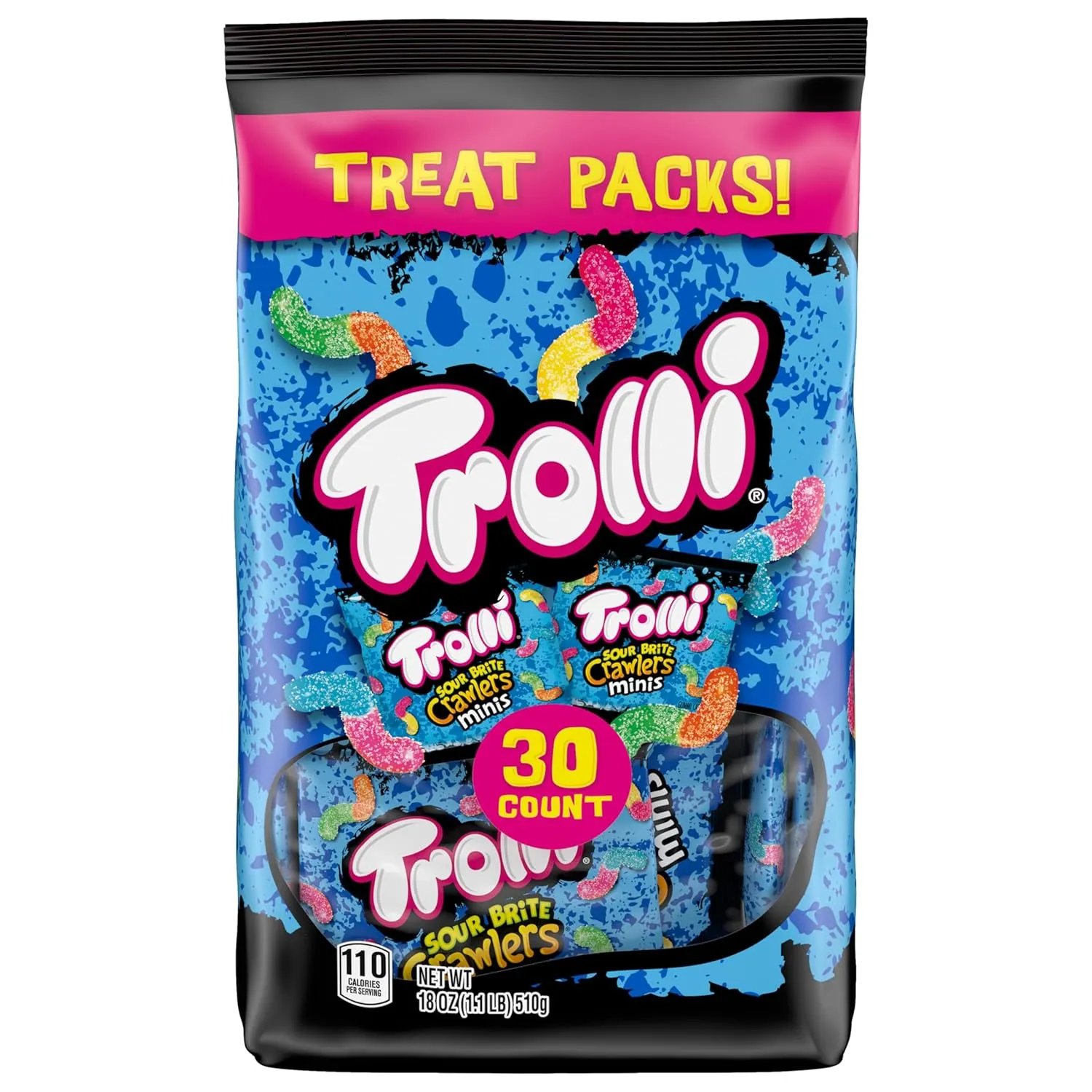 Trolli Mini Sour Brite Crawlers, Candy, Cherry-Lemon, Strawberry-Grape & Orange-Lime, Sweet and Sour, Gummy Worms, 18 oz (30 ct)