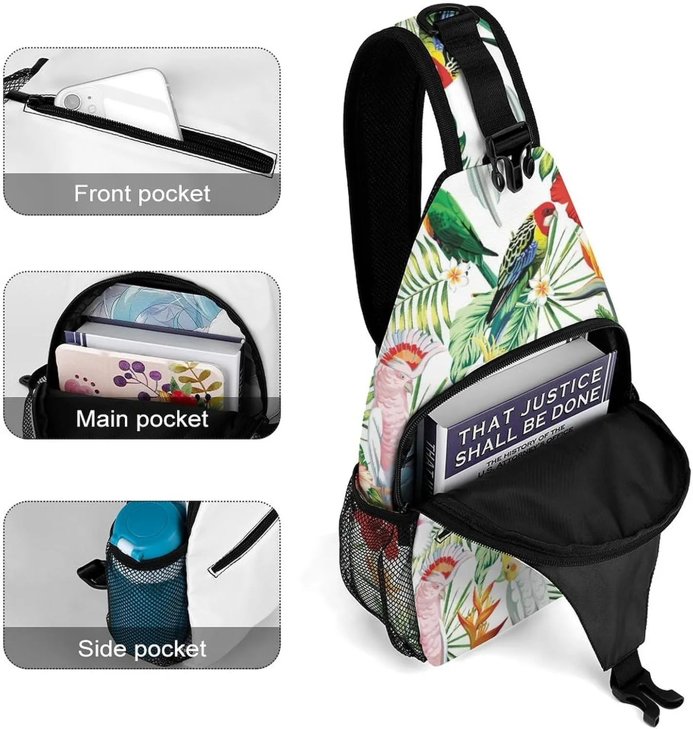 Tropic-exotic-birds-white Crossbody Sling Backpack, Shoulder Bag Chest Bag for Travel Sport Running