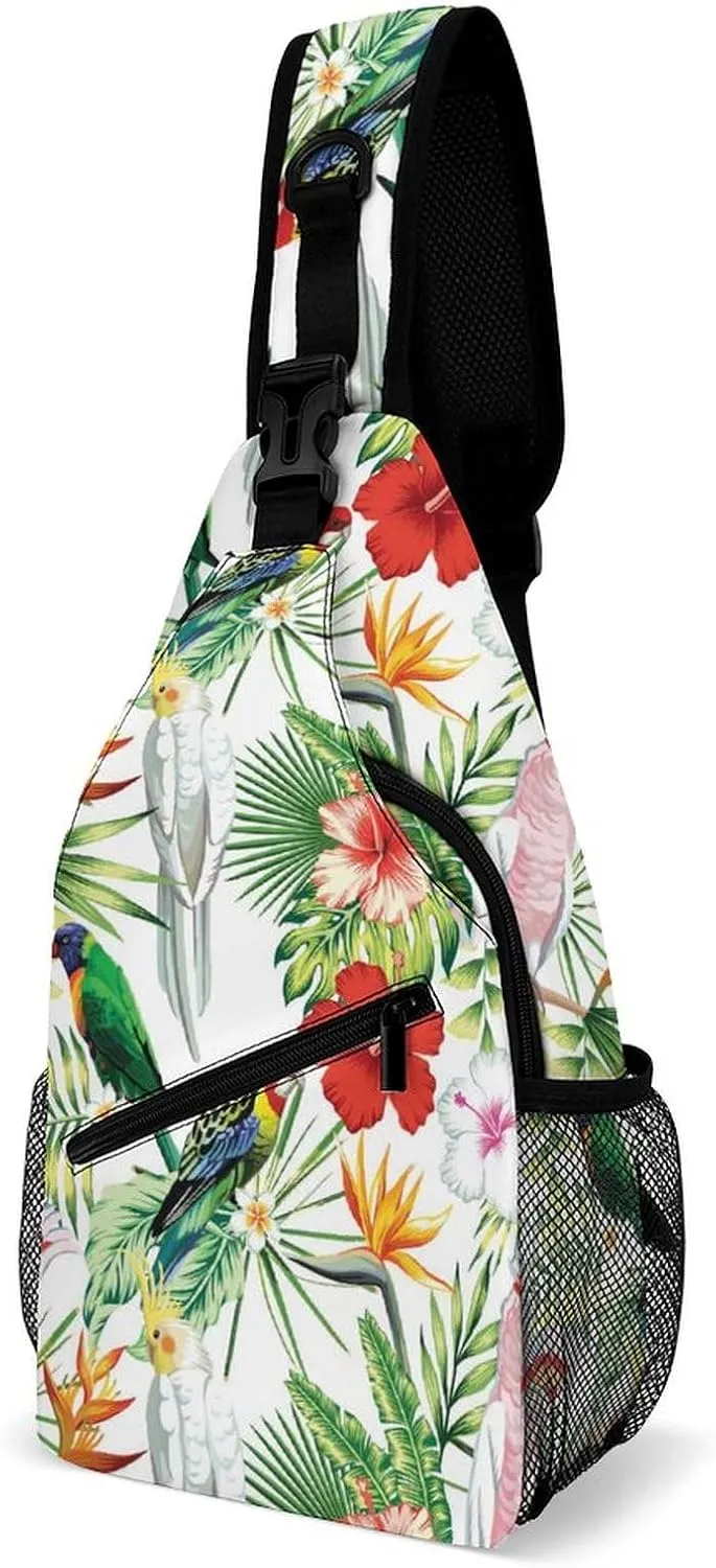 Tropic-exotic-birds-white Crossbody Sling Backpack, Shoulder Bag Chest Bag for Travel Sport Running