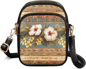 Tropical Floral Small Leather Crossbody Bag for Women, Hawaii Exotic PU Leather Shoulder Cell Phone Purse Handbag