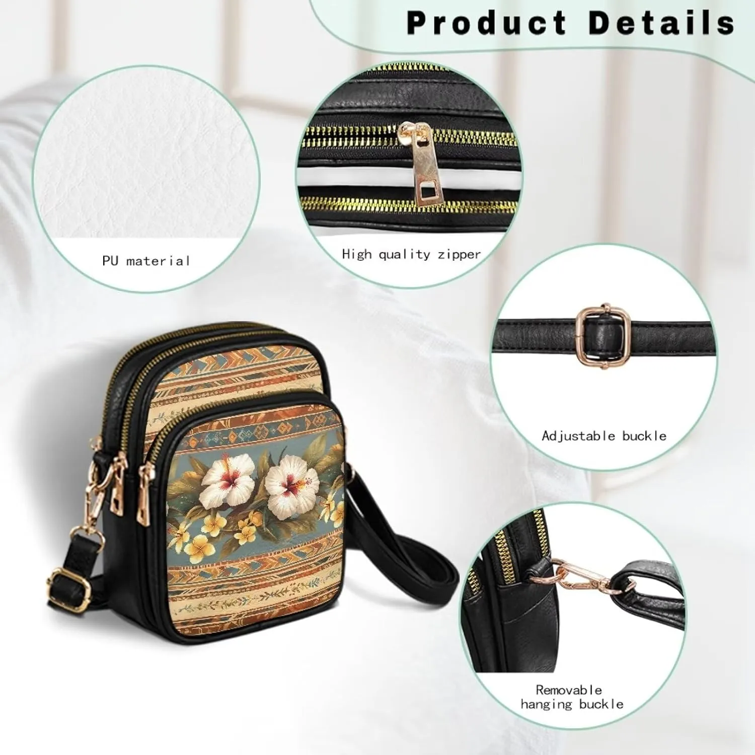 Tropical Floral Small Leather Crossbody Bag for Women, Hawaii Exotic PU Leather Shoulder Cell Phone Purse Handbag