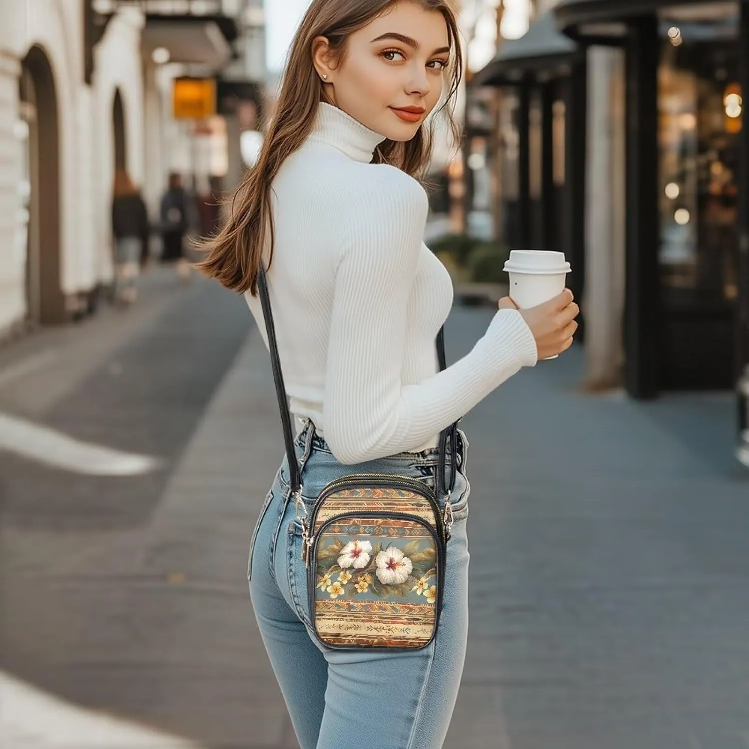 Tropical Floral Small Leather Crossbody Bag for Women, Hawaii Exotic PU Leather Shoulder Cell Phone Purse Handbag