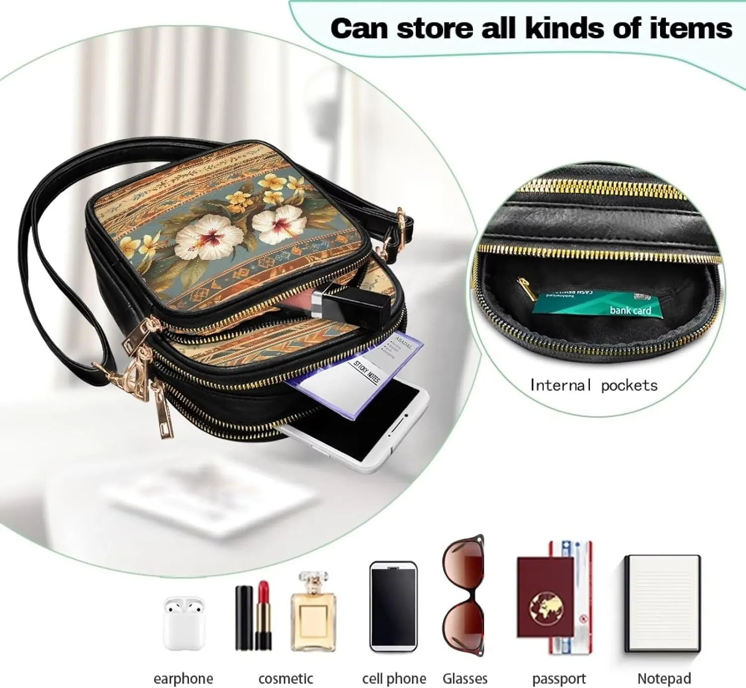 Tropical Floral Small Leather Crossbody Bag for Women, Hawaii Exotic PU Leather Shoulder Cell Phone Purse Handbag
