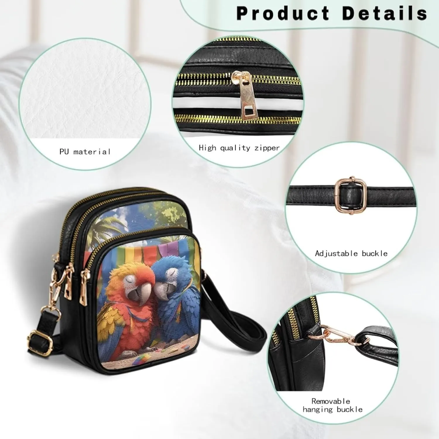 Tropical Floral Small Leather Crossbody Bag for Women, Hawaii Exotic PU Leather Shoulder Cell Phone Purse Handbag