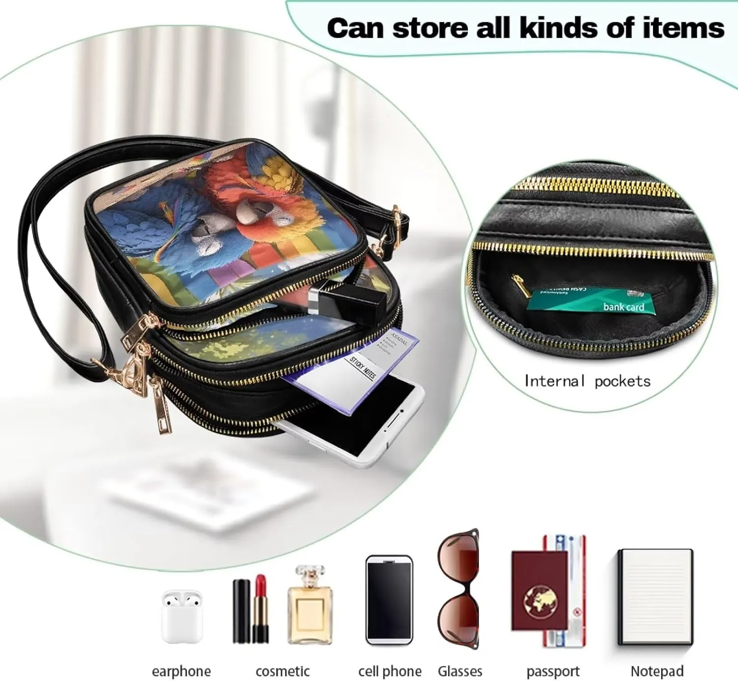 Tropical Floral Small Leather Crossbody Bag for Women, Hawaii Exotic PU Leather Shoulder Cell Phone Purse Handbag
