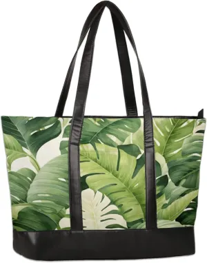 Tropical Leaves Watercolour Laptop Tote Bag for Women Lightweight Work Purse with Multiple Compartments Fits 13-15.6 Inch Laptop Tablet Shoulder Bag for Office Travel Daily Use
