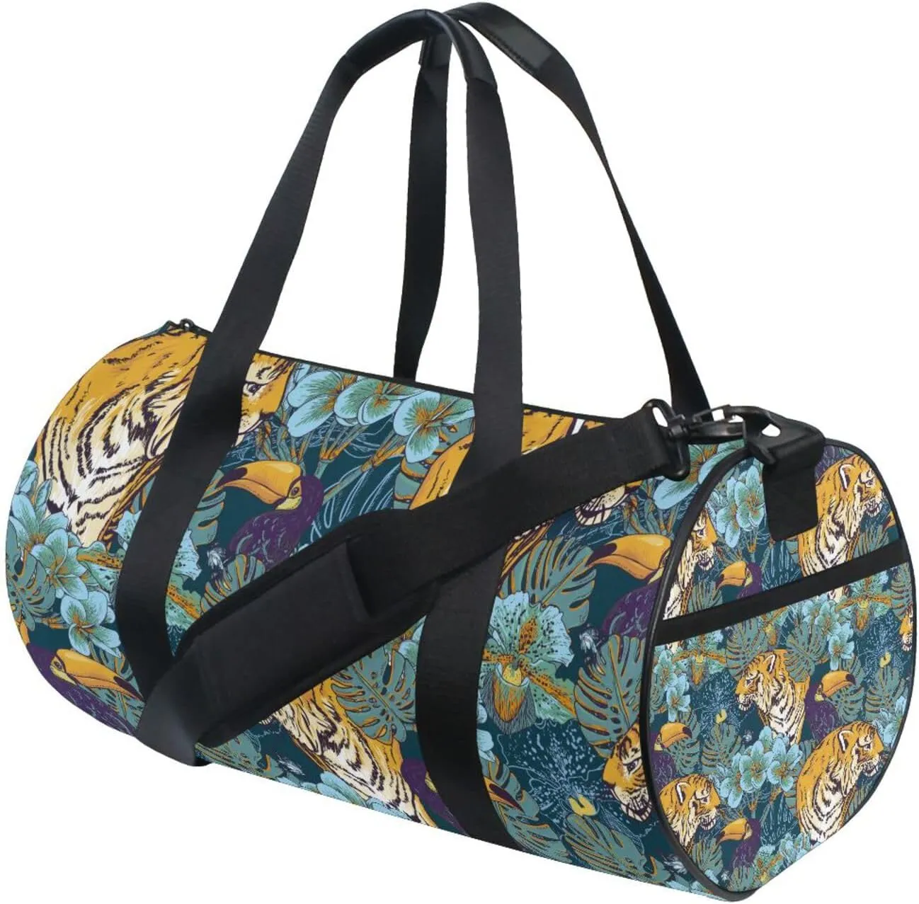 Tropical Seamless Exotic Turquoise Flowers, Toucan and Yellow Tiger Portable Gym Bag, Travel Bag, Luggage bag, Sports Bag, Toiletry Bag with Handles, Detachable Shoulder Strap 17.6 x 9 x 9 inch