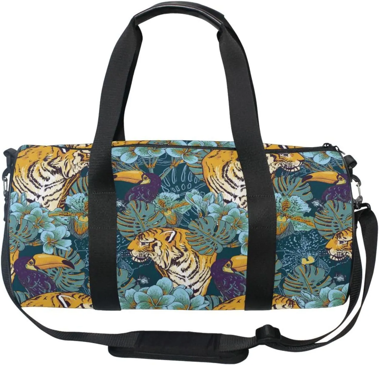 Tropical Seamless Exotic Turquoise Flowers, Toucan and Yellow Tiger Portable Gym Bag, Travel Bag, Luggage bag, Sports Bag, Toiletry Bag with Handles, Detachable Shoulder Strap 17.6 x 9 x 9 inch