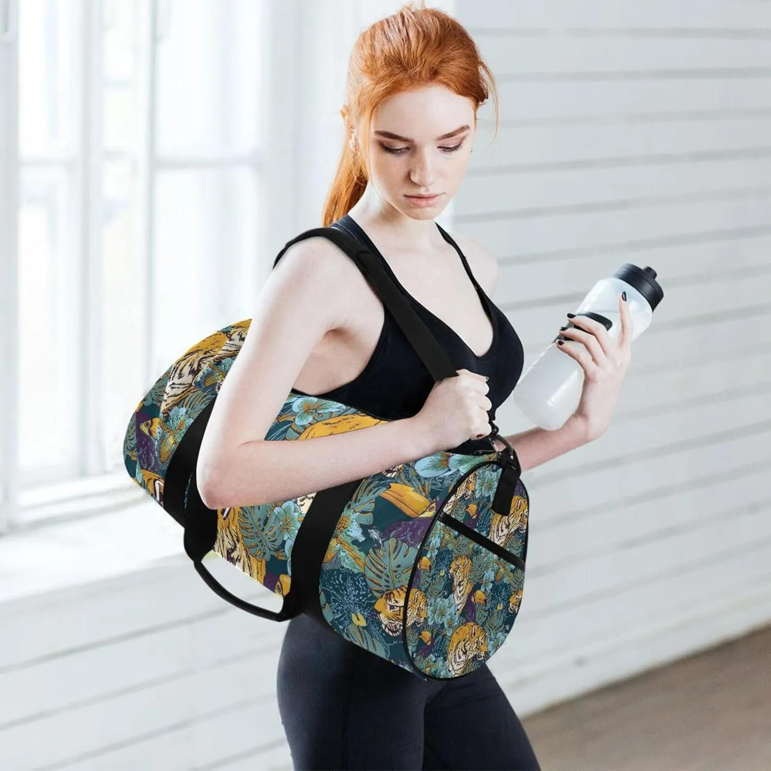 Tropical Seamless Exotic Turquoise Flowers, Toucan and Yellow Tiger Portable Gym Bag, Travel Bag, Luggage bag, Sports Bag, Toiletry Bag with Handles, Detachable Shoulder Strap 17.6 x 9 x 9 inch