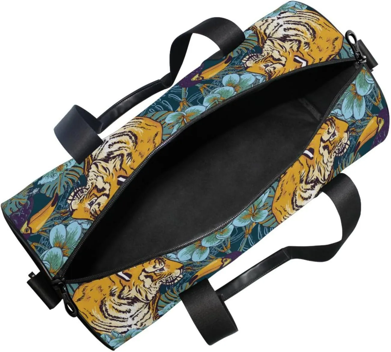 Tropical Seamless Exotic Turquoise Flowers, Toucan and Yellow Tiger Portable Gym Bag, Travel Bag, Luggage bag, Sports Bag, Toiletry Bag with Handles, Detachable Shoulder Strap 17.6 x 9 x 9 inch