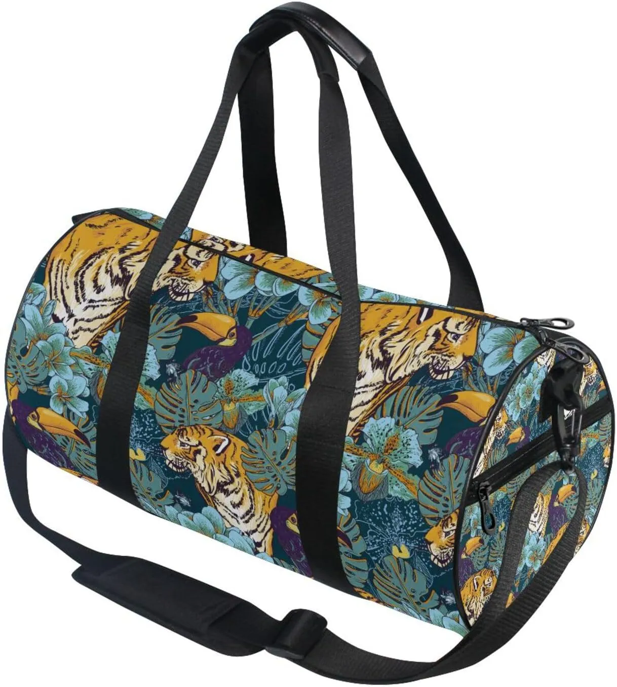 Tropical Seamless Exotic Turquoise Flowers, Toucan and Yellow Tiger Portable Gym Bag, Travel Bag, Luggage bag, Sports Bag, Toiletry Bag with Handles, Detachable Shoulder Strap 17.6 x 9 x 9 inch