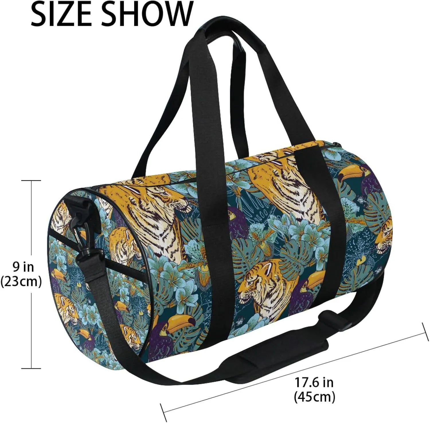 Tropical Seamless Exotic Turquoise Flowers, Toucan and Yellow Tiger Portable Gym Bag, Travel Bag, Luggage bag, Sports Bag, Toiletry Bag with Handles, Detachable Shoulder Strap 17.6 x 9 x 9 inch
