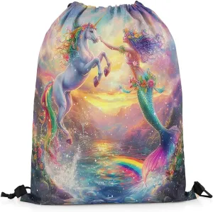 Unicorn Mermaid Drawstring Gym Bag,Magical Horse Fairy Tale Foldable Waterproof Drawstring Backpack for Women,Rainbow Sunset Sky Scenery Draw String Back Bag for Shopping,Swimming,Beach