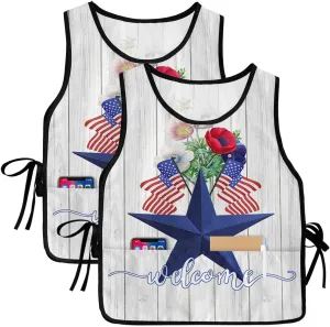 Unisex Cobbler Apron with 2 Pockets, Patriotic Star and Red Popies Wood Texture Welcome Waterproof Vest Kitchen Chef Apron, Smock Apron Vest Cobbler Aprons for Women Men, 2 Pack, 20” x 31.5”